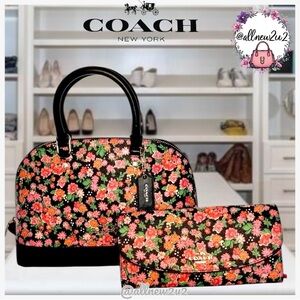 COACH Sierra Posey Cluster Floral Coated Canvas Satchel Bag Black/Pink  Wallet